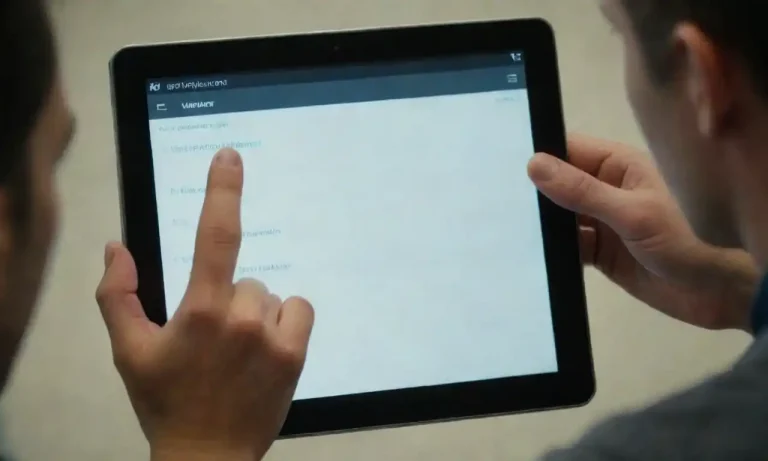 Person analyzing user feedback on a tablet while discussing strategies with a team.