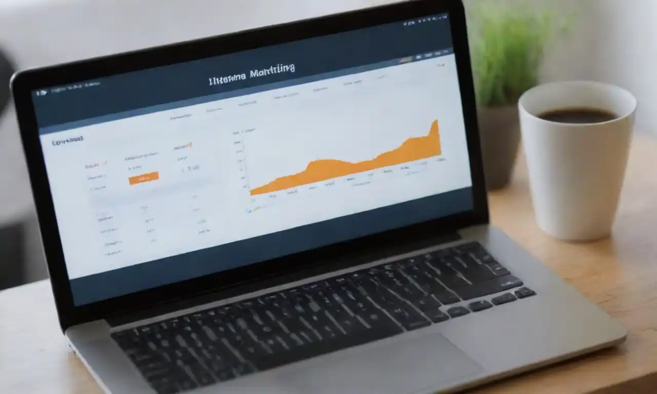 Calculating lifetime value on a laptop with digital marketing metrics displayed on the screen.