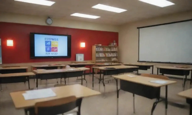 A classroom with promotional materials showcasing educational programs and brand logos.