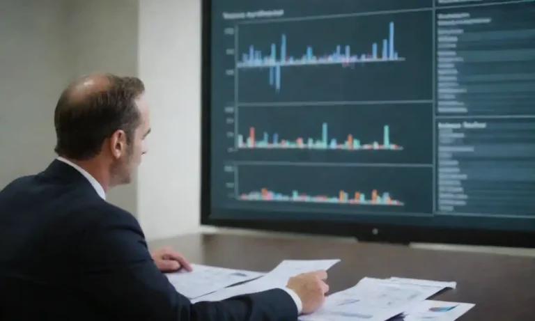 Businessperson analyzing charts and lists of common ROI mistakes in a meeting room.