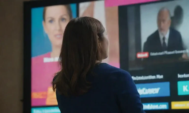 Marketer analyzing vibrant ads on a screen with engaged audience metrics in the background.