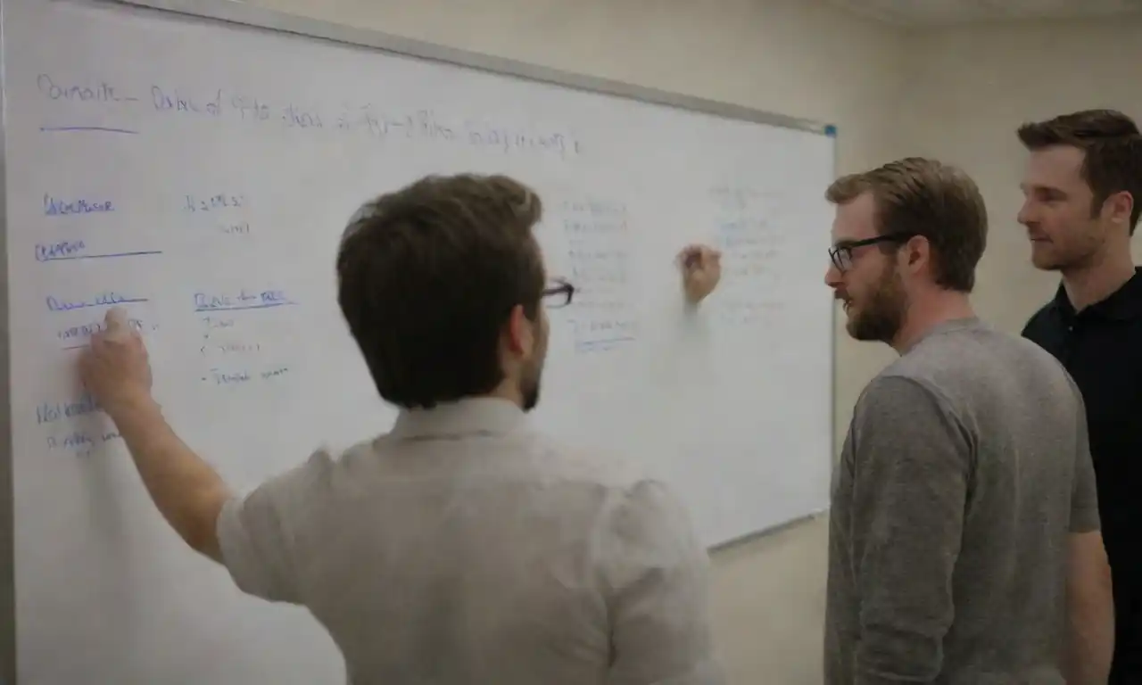 Team collaborating over a whiteboard with user feedback and feature lists to enhance user experience.