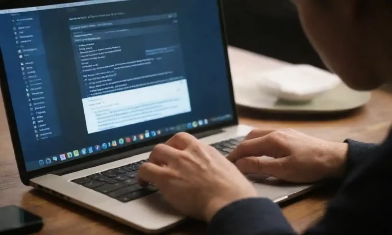 A person typing on a laptop with blog articles and social media icons displayed on the screen.