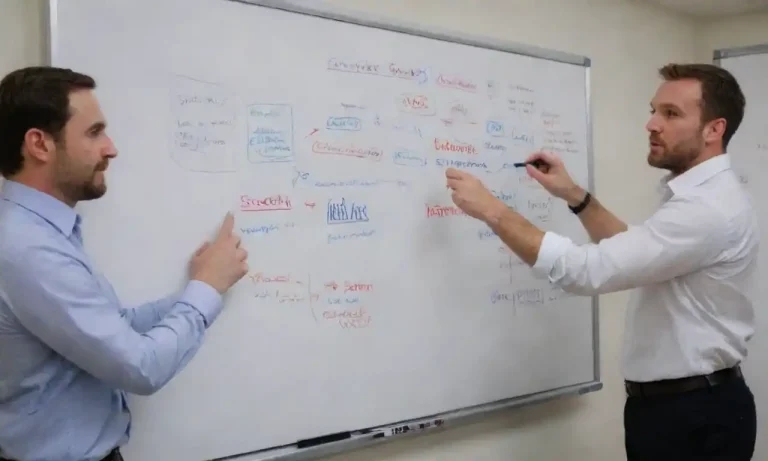 A digital marketing team brainstorming SEO strategies with event-related graphics on a whiteboard.