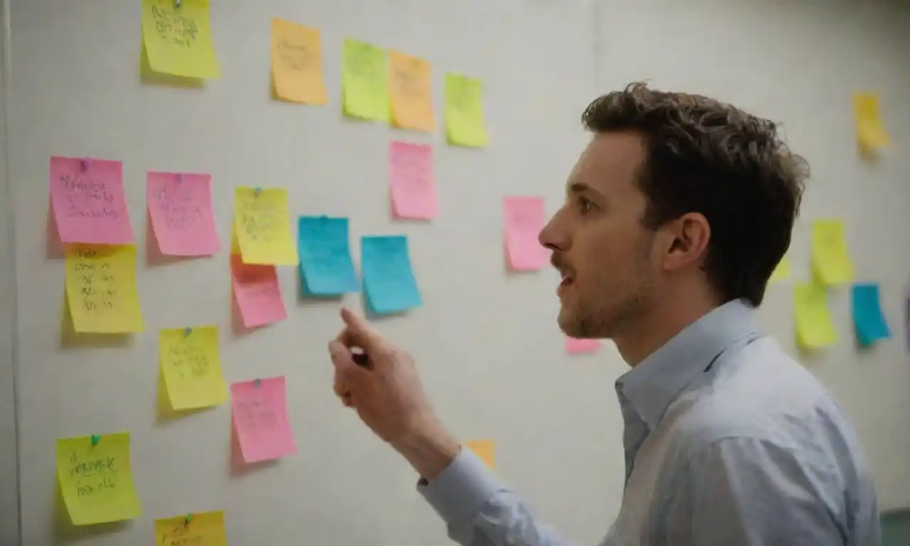 A person brainstorming with colorful sticky notes and sketches on a whiteboard.