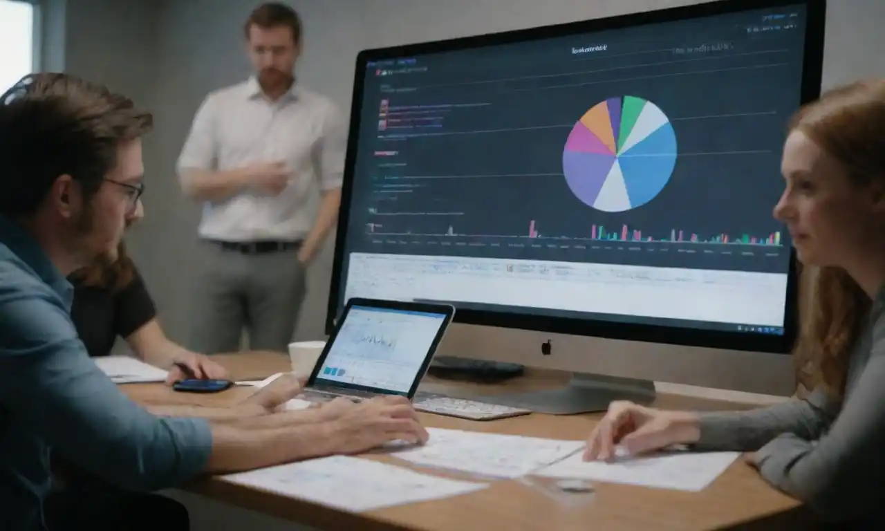 Team brainstorming around a table with charts and user feedback on a screen.