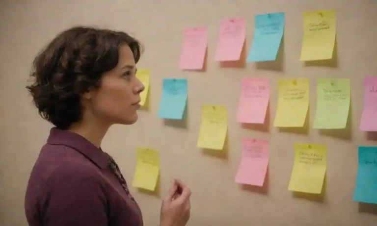 A person reflecting with a journal and sticky notes on a wall representing personal goals.