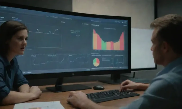 A team collaborating over a digital project management dashboard with marketing charts and tasks displayed.