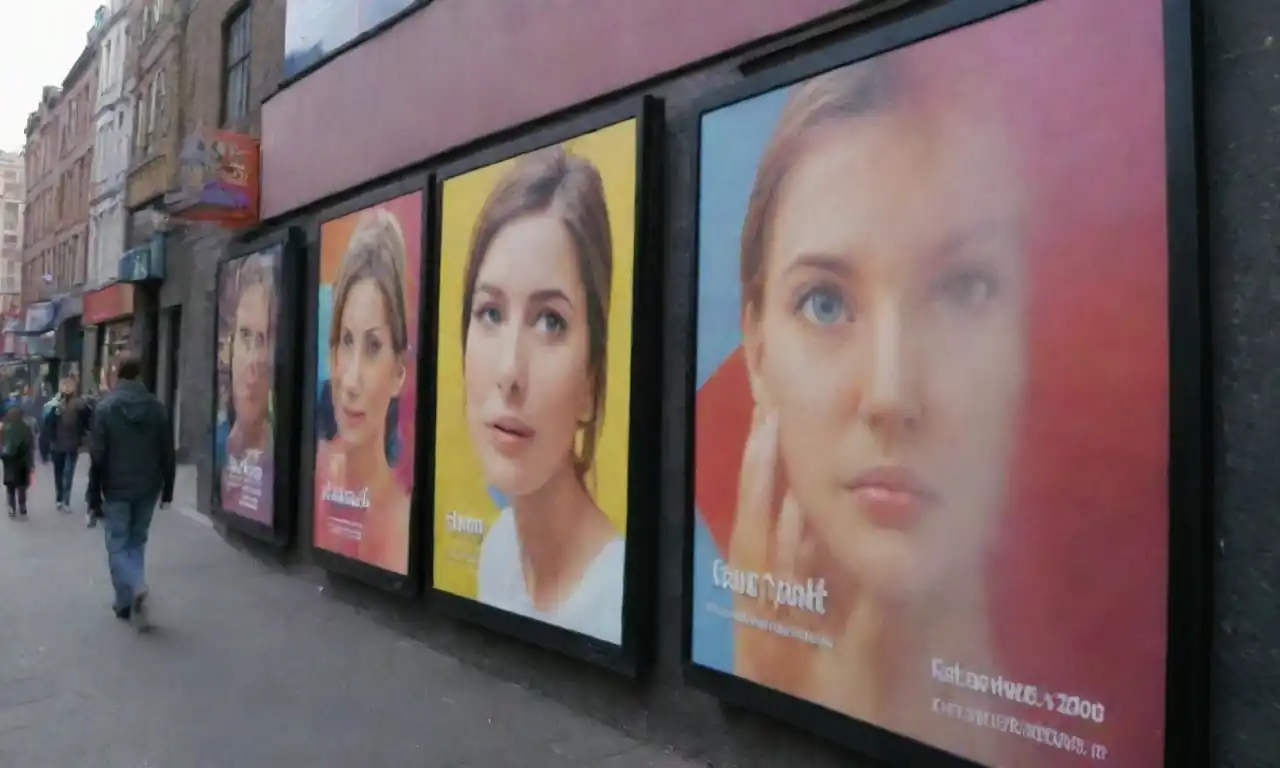 Colorful advertisement posters displayed in a bustling urban setting