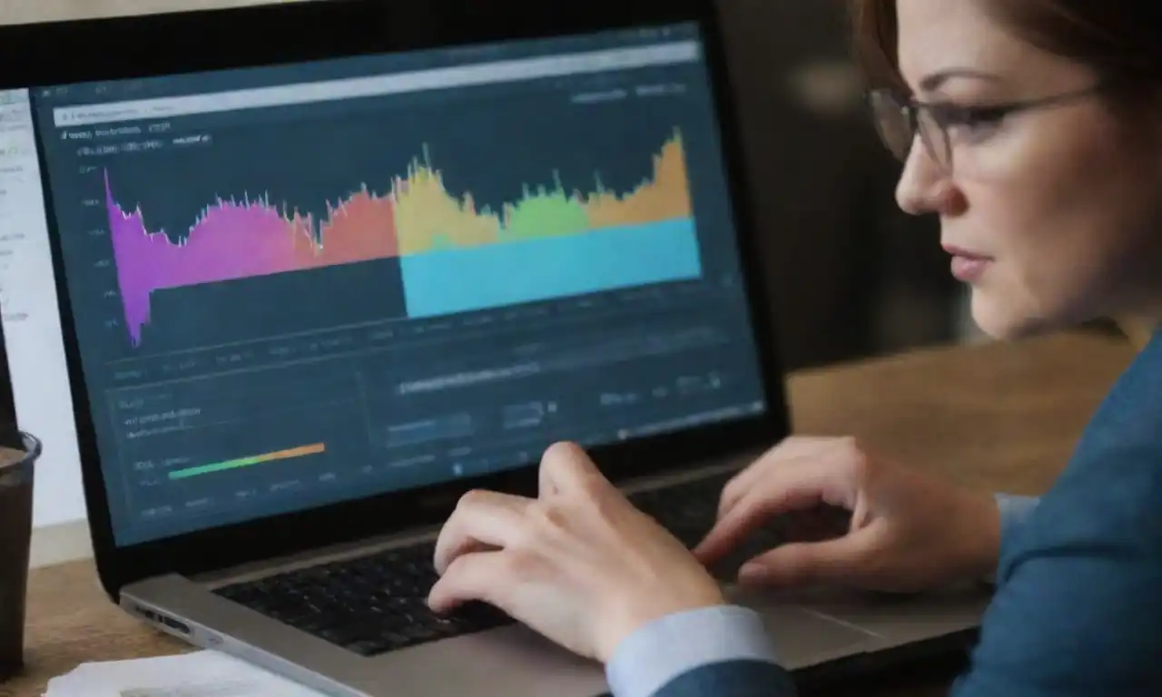 A digital marketing professional analyzing a chart with increasing click-through rates and engagement metrics.