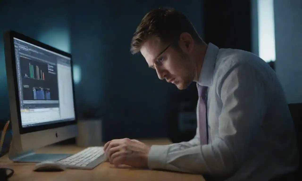 A digital marketing professional analyzing PPC data on a computer with relevant tools displayed.