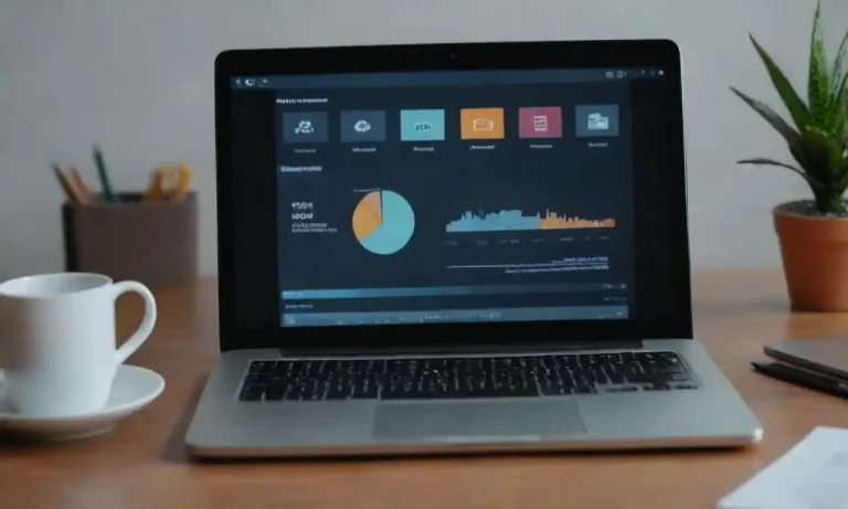 Laptop displaying e-commerce analytics alongside marketing strategy visuals and social media icons.