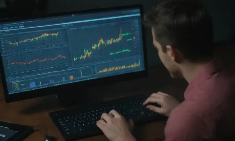 Person analyzing data on a computer screen with charts and algorithms.