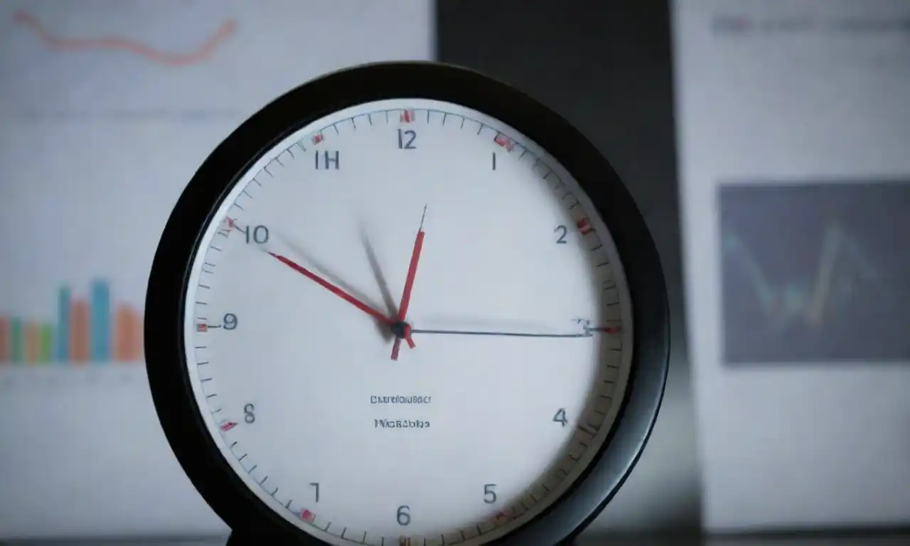 A clock alongside graphs representing digital marketing metrics and SEM performance.