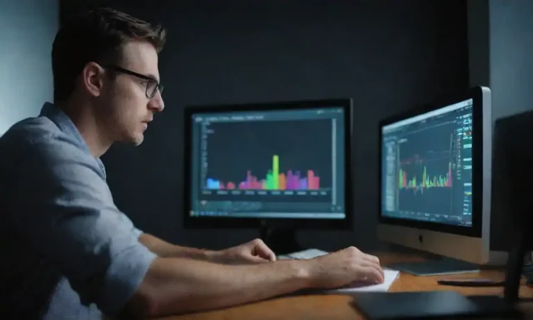 A digital marketer analyzing performance metrics on a computer screen with graphs and data.