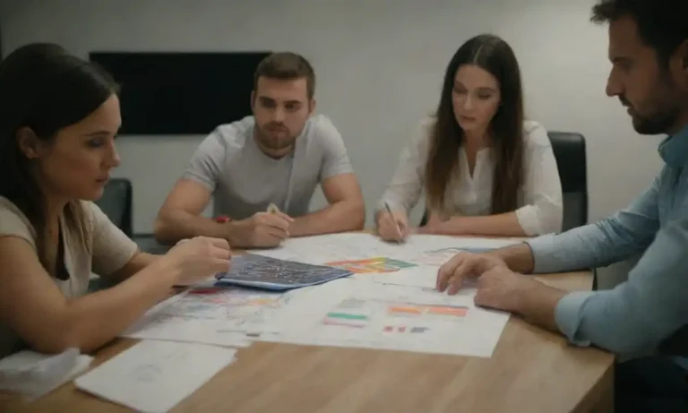 Equipo colaborando en una mesa con gráficos y estrategias de marketing.