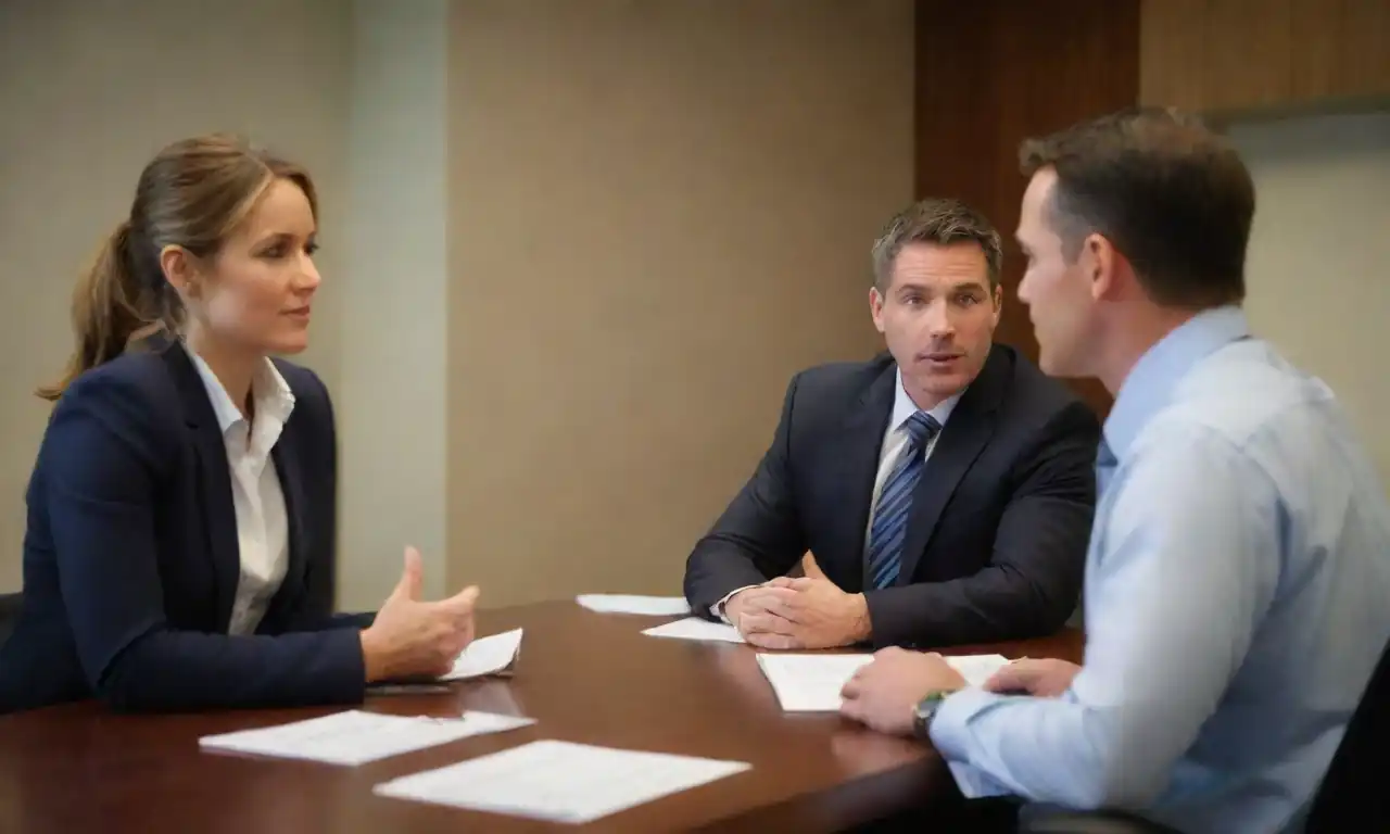 Professionals engaged in a discussion with potential clients in a modern office setting.