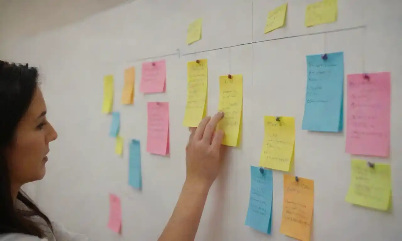 Person organizing sticky notes and diagrams on a whiteboard to define CRM objectives.