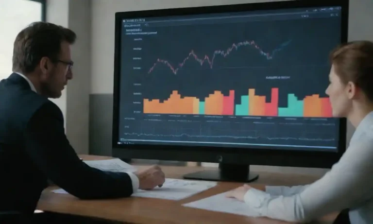 A marketing team discussing promotional strategies with charts and lead conversion data on a screen.