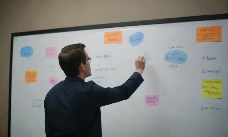 Person brainstorming ideas on a whiteboard with audience engagement visuals around.