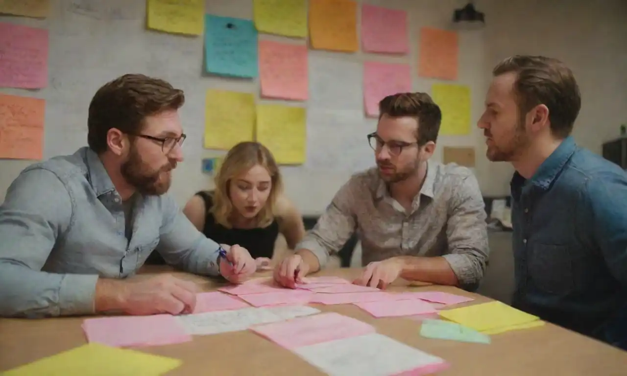 A creative team brainstorming ideas with sticky notes and sketches in a collaborative workspace.