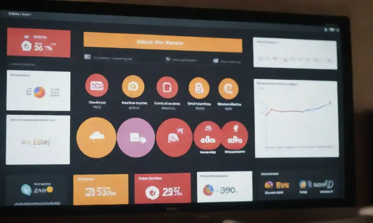 Visual marketing tools like infographics and social media visuals displayed on a screen with strategic elements highlighted.